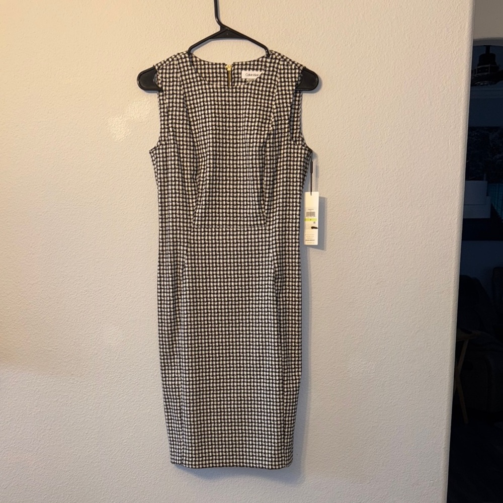 Calvin Klein Black and White Houndstooth Midi Dress